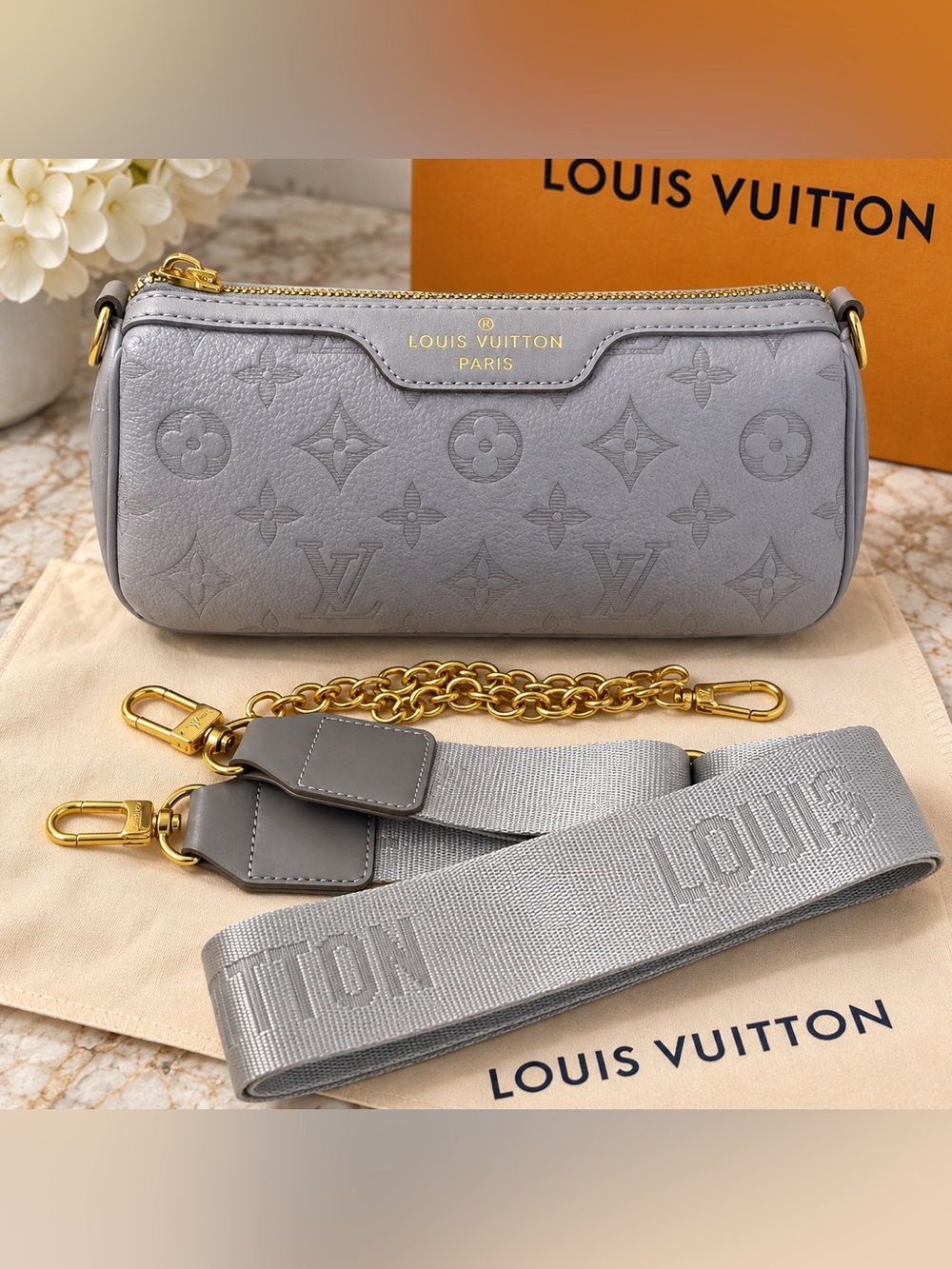 Louis Vuitton Grey Monogram Cylinder Crossbody Bag with Gold Hardware